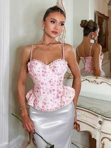 Glamine Charm 性感浪漫粉色刺绣拼接彩色花卉饰边钢圈不对称下摆吊带背心（女款） - 粉色 - 查看 5