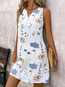 Breezaya Vestido de verano para mujer sin mangas con cuello en V y estampado floral (flores cortadas al azar) - Blanco - Ver 5