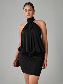 SHEIN PETITE CURVE Elegant Black Summer Mini Dress For Women, Backless Halter Night Out Club Party Dress,Petite High-Waisted Stretch Wedding Guest Outfit - Black - View 4