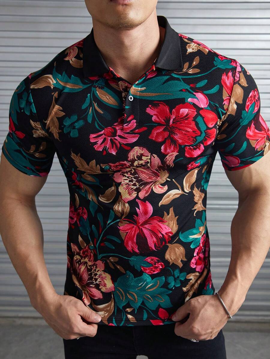 Manfinity VCAY 男士针织时尚休闲沙滩冲浪度假印花图案修身 Polo 衫 - 彩色 - 查看 1