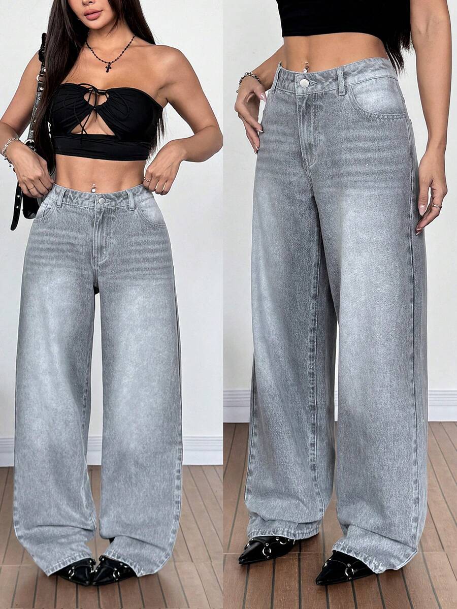 SHEIN Tall Women's Casual Straight Leg Jeans With Pockets, Versatile And Fashionable - Black - View 1