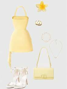 Qadelle Women's Solid Color 3D Floral Decor Pleated Design Halter Mini Dress - Yellow - View 2