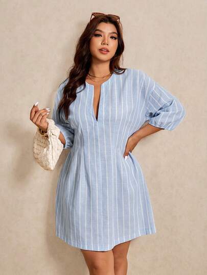 Elaquor Plusstorlekar damkläder för business casual, lärarklädsel, blå randig klänning i A-linjeform för kvinnor, randig miniklänning för pendlare för kvinnor, plusstorlekar sommarkläder för fritidsbruk