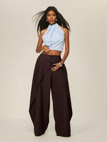 ATUI Studio Women's Solid Color Double-Waistband Wide Leg Loose Suit Pants - Brown - View 4