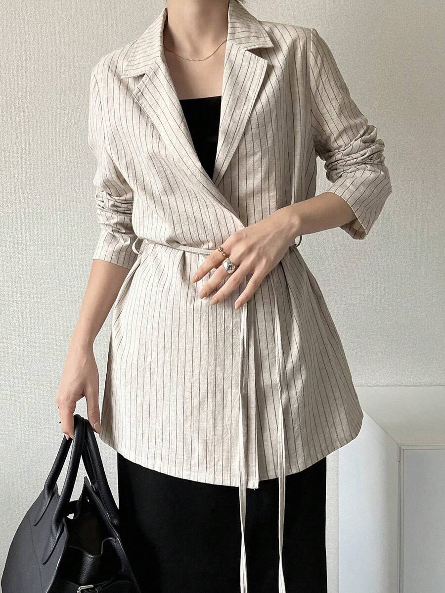 FRIFUL Women's Revere Collar Loose Waist Striped Fabric Decor Regular Suit Jacket - Beige - View 1