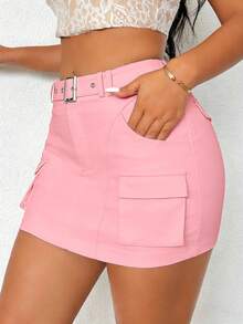VaVaBold Women's Solid Color Utility Pocket Casual Bodycon Mini Skirt - Pink - View 3