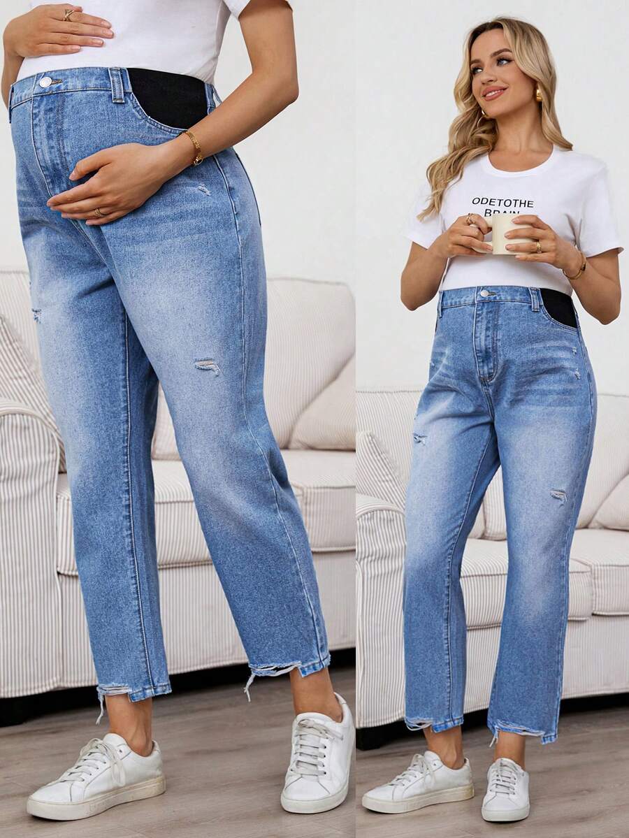 SHEIN Quần jean bầu rách dáng rộng, phong cách thường ngày, thích hợp mặc đi lễ hội mùa hè, đi làm, đi nghỉ mát, tốt nghiệp, thời trang sành điệu, phong cách Y2K, dễ thương, thời trang đường phố, dự tiệc, đám cưới, thanh lịch, công sở, thường ngày. Quần jean bầu màu xanh nhạt bạc màu, chất liệu denim co giãn, có chun co giãn, kiểu dáng thời trang. Quần jean bầu màu xanh nhạt bạc màu, có chi tiết rách và phần bụng nâng đỡ. - Màu xanh lam - Xem 1