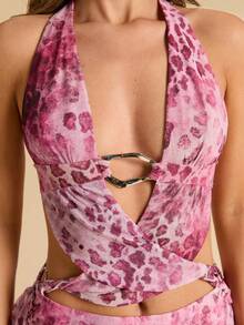 SHEIN BAE Đầm ngắn hở lưng họa tiết da báo dành cho nữ, khóa kim loại, viền bèo nhún, gợi cảm, thích hợp cho lễ hội âm nhạc, tiệc tùng. - Hồng - Xem 7