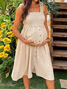 SHEIN Maternity Vacation Solid Color Button-Down Casual Dress - Khaki - View 6