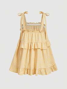 SHEIN MOD Plus Size Yellow & White Plaid Bow Tie Blouse, Suitable For Summer Picnic, Outing And Party  Spring Tiered Top  Marigold Yellow Top Ruffle Gingham TopYellow Gingham Top - Yellow - View 3