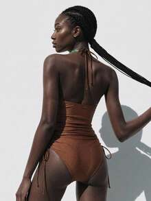 Aveloria Modichic 纯棕色串珠露背两件式泳衣套装，侧边褶皱抽绳设计 - 鏽棕色 - 查看 7