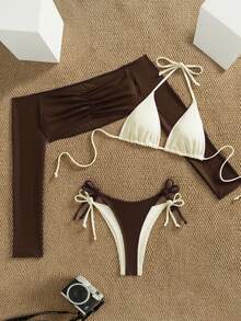 Sirith 女士新款黑白爆款三件套泳衣，时尚性感沙滩度假休闲三件套泳装 - 棕色 - 查看 2