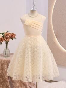 Tween Mädchen Luxuriöses elegantes champagnerfarbenes ärmelloses seidiges Blumenkleid mit Passform, geeignet für Abendpartys, Weihnachten, Halloween, Hochzeiten, Abschlussbälle, Abschluss und andere Anlässe - Champagnerfarben - Übersicht 3