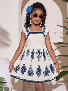SHEIN Tween Girl Casual Vacation Print Cap Sleeve Bow Back Midi Dress - Blue - View 2