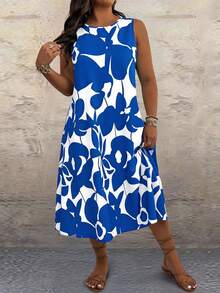 Breezaya Plus Size Sleeveless Allover Print Casual Vacation Dress - Blue - View 4