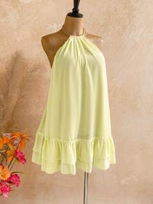 Soleia Women's Chiffon Elegant Cream Yellow Spaghetti Strap Mini Dress, Women's Date Dress, Women's Night Out Dress, Women's Summer Dress, Women's Honeymoon Set, Women's Wedding Guest Dress, Island Vacation Set, Women's Wedding Guest Dress, Women's Sundress, Women's Elegant Party Dress, Women's Birthday Dress - Light Yellow - View 4