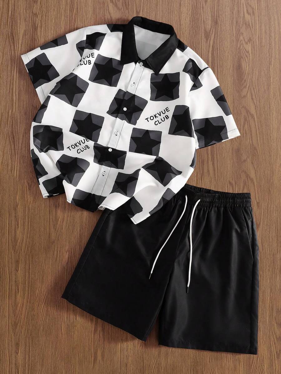 TOKVUE 男士休闲像素印花黑白短袖衬衫套装 - 紅白色 - 查看 1