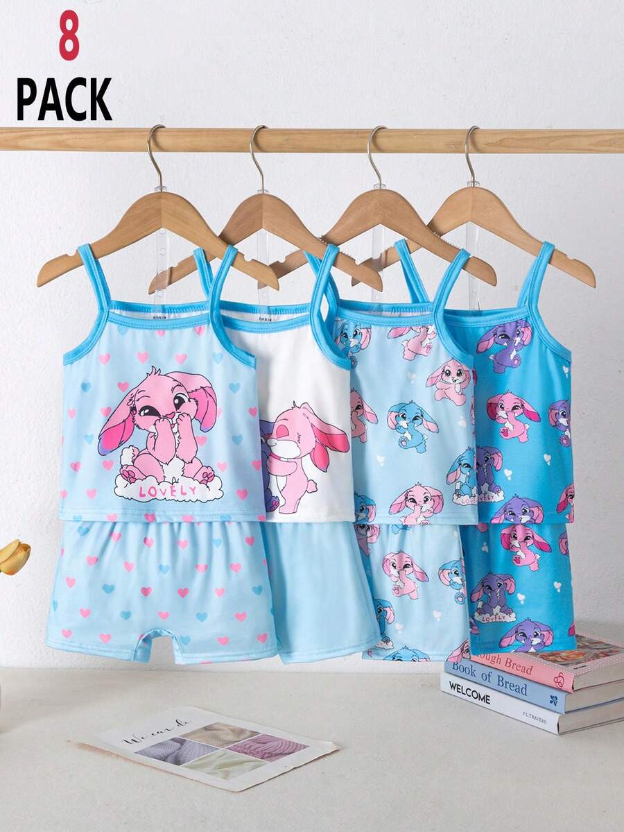 Baby Girl 8pcs/Set Pink And Blue Summer Cute Holiday Knitted Camisole Shorts Set,Rabbit Heart Colorblock Homewear Easter Sleeveless Pijamas Toddler - Blue - View 1