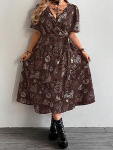 Whyspr Fashionable V-Neck Sexy Short Sleeve Waist Cinching Printed Dress - Brown - View 6