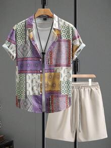 Manfinity RSRT Set casual da uomo per vacanze, composto da camicia con stampa patchwork e pantaloncini, 2 pezzi (taglio irregolare) - Multicolore - Visualizzare 3