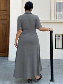 Dazy Plus Plus Size Women's Solid Color Bodycon Pocket Polo Collar T-Shirt Dress, Short Sleeve, Long, Spring/Summer Sundress - Dark Grey - View 2