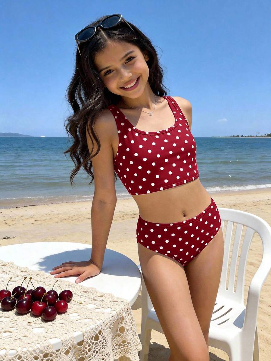 Tween Girls Casual Minimalist Camisole & Triangle Bikini Swimsuit Set, Suitable For Summer - Multicolor - View 1