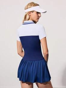 CourtClass Women's Slim Fit Round Hem Short Sleeve Sports Polo Shirt For Golf,Summer Casual Tennis Outfits Navy Blue And White Athletic Wear Badminton Dress - Navy Blue - View 2
