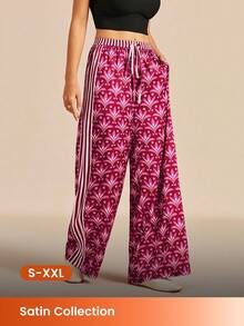 LUVLETTE Versatile Daily Burgundy Floral Wide-Leg Pants - Stripe-Accented Lounge Trousers Multi-Wear Home & Casual Wear Curve Lingerie Culotte Pyjama - Pink - View 1