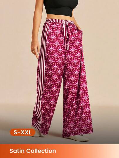 LUVLETTE Versatile Daily Burgundy Floral Wide-Leg Pants - Stripe-Accented Lounge Trousers Multi-Wear Home & Casual Wear Curve Lingerie Culotte Pyjama