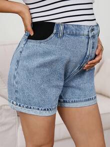 SHEIN Maternity Light Blue Summer Washed High Waist Denim Shorts,Smart Casual Chic Y2k Streetwear For Woman Carnival Costume Vacation Graduation Party - Blue - View 4