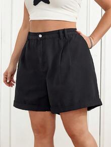 SHEIN CURVE+ 大码纯色简约休闲牛仔短裤，夏季嘉年华服装，通勤度假毕业季时尚Y2K可爱街头风派对婚礼优雅商务休闲女装黑色高腰褶皱牛仔短裤，带口袋，休闲宽松夏季风格，黑色牛仔女式短裤，高腰前褶宽松版型，卷边裤脚设计 - 黑色 - 查看 7