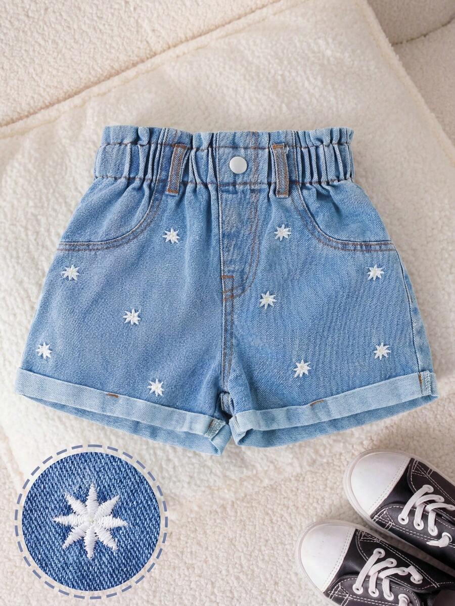 Girls' New Black Denim Ruffle Waist Shorts - Medium Wash - View 1