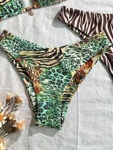 Swim Mod 4件套新款多色花卉图案+彩色贝壳和海星金属装饰扭结侧高衩比基尼泳衣套装，女士沙滩度假装 - 彩色 - 查看 8