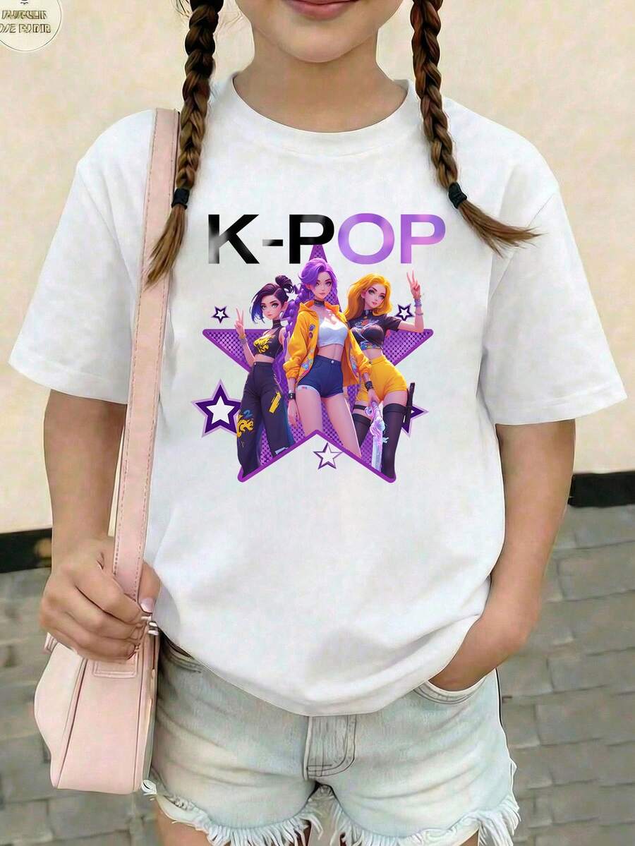 Tween Girls' Round Neck Dropped Shoulder Short Sleeve Loose Cartoon Cute Print Casual T-Shirt - White - View 1