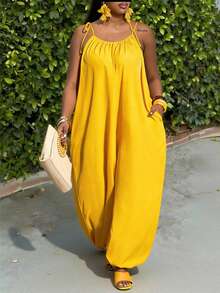 Slaydiva 春夏新款音乐节、复活节、圣帕特里克节、西部风、游牧风、生日派对、毕业典礼、学院风、学生装、日常休闲、百搭基础款、休闲、邮轮旅行、海滩、日光浴、爆款、街头风、婚礼宾客波西米亚风女士长款连体裤、女士阔腿连体裤、女士宽松纯色长裤、夏季无袖派对连体裤 - 黃色 - 查看 2