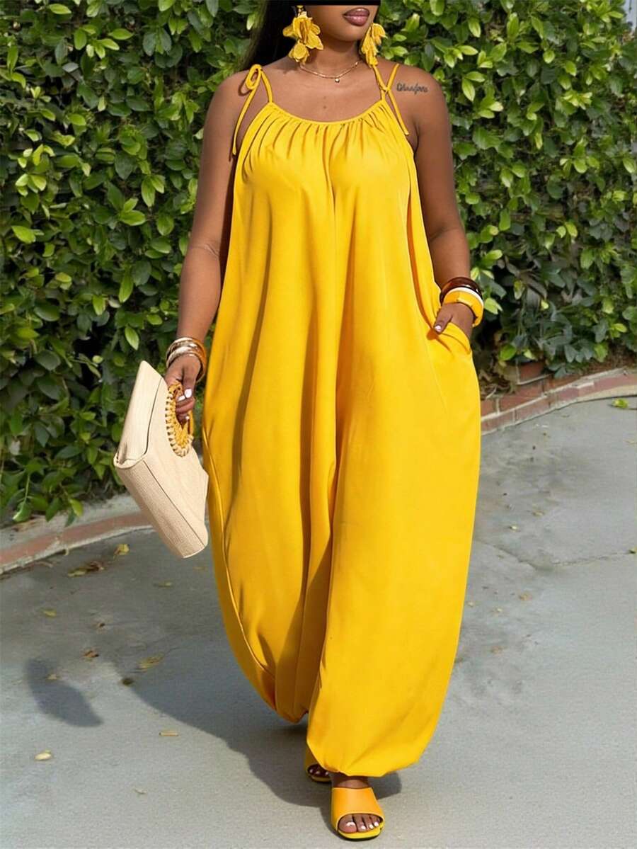 Slaydiva 春夏新款音乐节、复活节、圣帕特里克节、西部风、游牧风、生日派对、毕业典礼、学院风、学生装、日常休闲、百搭基础款、休闲、邮轮旅行、海滩、日光浴、爆款、街头风、婚礼宾客波西米亚风女士长款连体裤、女士阔腿连体裤、女士宽松纯色长裤、夏季无袖派对连体裤