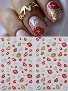 1pc Red Glitter Lip Nail Art Stickers, Shiny Gold/Silver Heart Nail Decals For Valentine's Day, Wedding, New Year DIY Nail Art Decorations Nails Nail Supplies - Multicolor - View 4