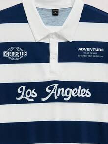 Open Phase 男士简约蓝白条纹学院风字母 Polo 衫，适合上学、外出和送朋友礼物 - 藍色 - 查看 4