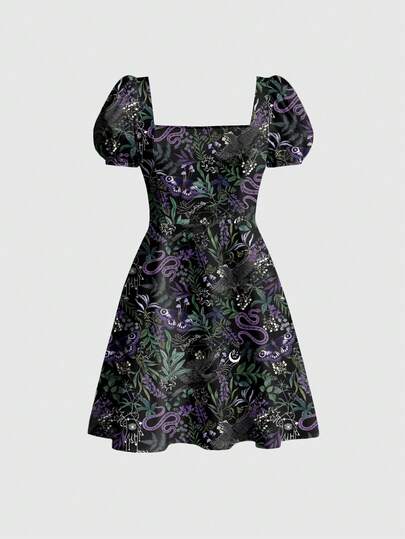 ROMWE Goth Mörk mystisk orm, skräckmal, fjäril och löv gotisk retroklänning för kvinnor