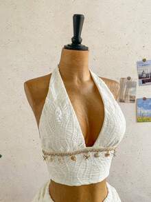 Soleia Bộ đồ 2 món dành cho nữ, gồm áo croptop cổ yếm viền sao biển và chân váy xếp tầng. - trắng - Xem 4