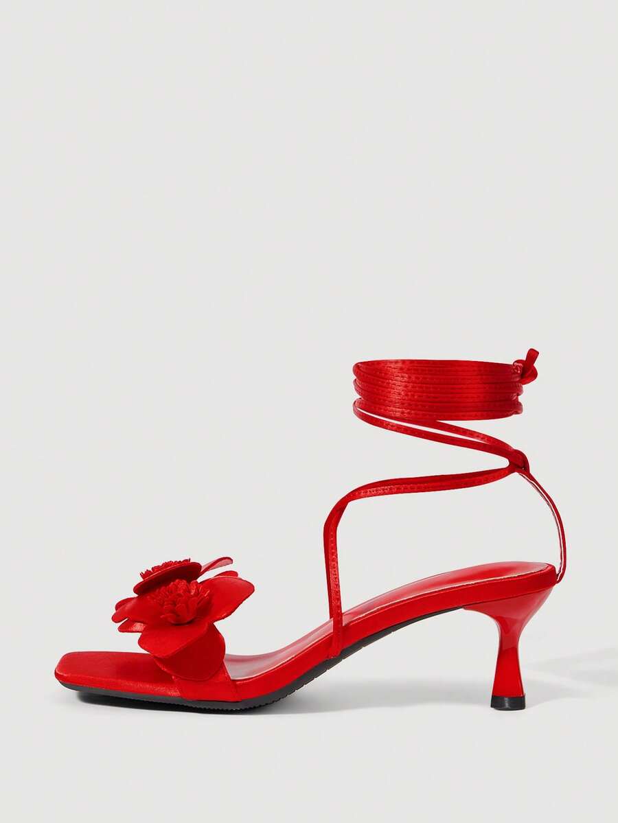 SheIn MOD Giày sandal cao gót nữ kiểu La Mã thanh lịch, mũi vuông, gót mỏng, họa tiết hoa cá mòi đỏ mùa hè. - Màu Hoa hồng đỏ - Xem 1