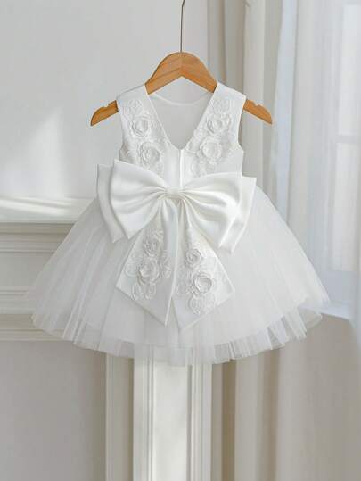 Glamorique Kids Đầm không tay bằng vải satin lưới màu trắng cho bé gái, thêu hoa, hở lưng với nơ trang trí, kiểu dáng tối giản thích hợp cho kỳ nghỉ, đám cưới, sinh nhật, tiệc tùng, biểu diễn sân khấu, công chúa.