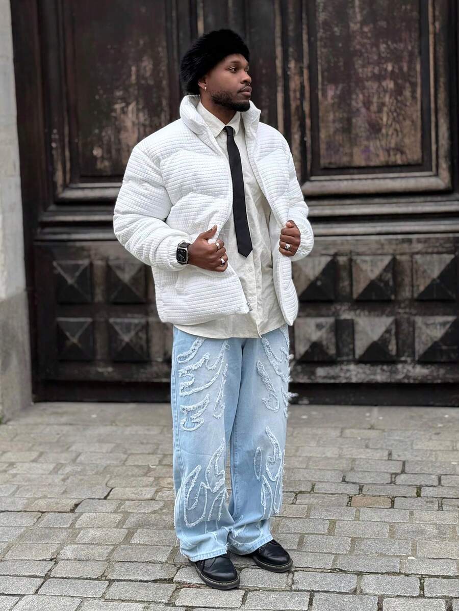 Heavens Edit 男士宽松休闲牛仔裤，带原始下摆和贴袋，纯色长款水洗宽松浅蓝色工装牛仔裤，适合丈夫、男朋友的礼物 - 淺色水洗藍 - 查看 1