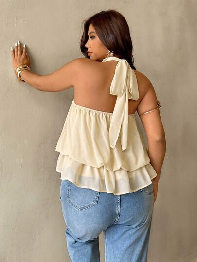 Auralis Plus Size Women Solid Color Backless Halter Tie Neck Blouse Summer Outfit For Women Beach Outfits For Women