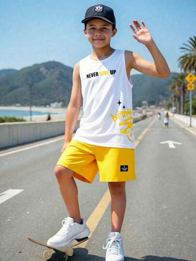 Tween Boy Casual Minimalist Fashion Y2K, Street, Jersey, Classic Collegiate, American Retro Style, Loose Comfortable Round Neck Tank Top And Shorts Set
