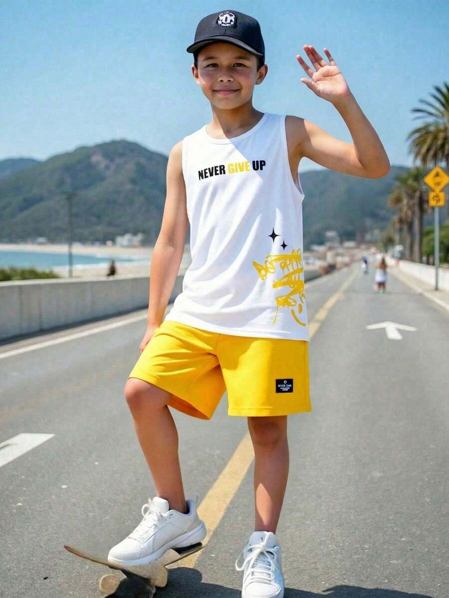 青少年男童休闲简约时尚 Y2K、街头、运动衫、经典学院风、美式复古风宽松舒适圆领背心和短裤套装 - 彩色 - 查看 1