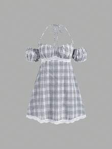 Sweetra 甜美女孩格子系列时尚露背泡泡袖修身A字撞色蕾丝夏季百搭连衣裙 - 彩色 - 查看 1