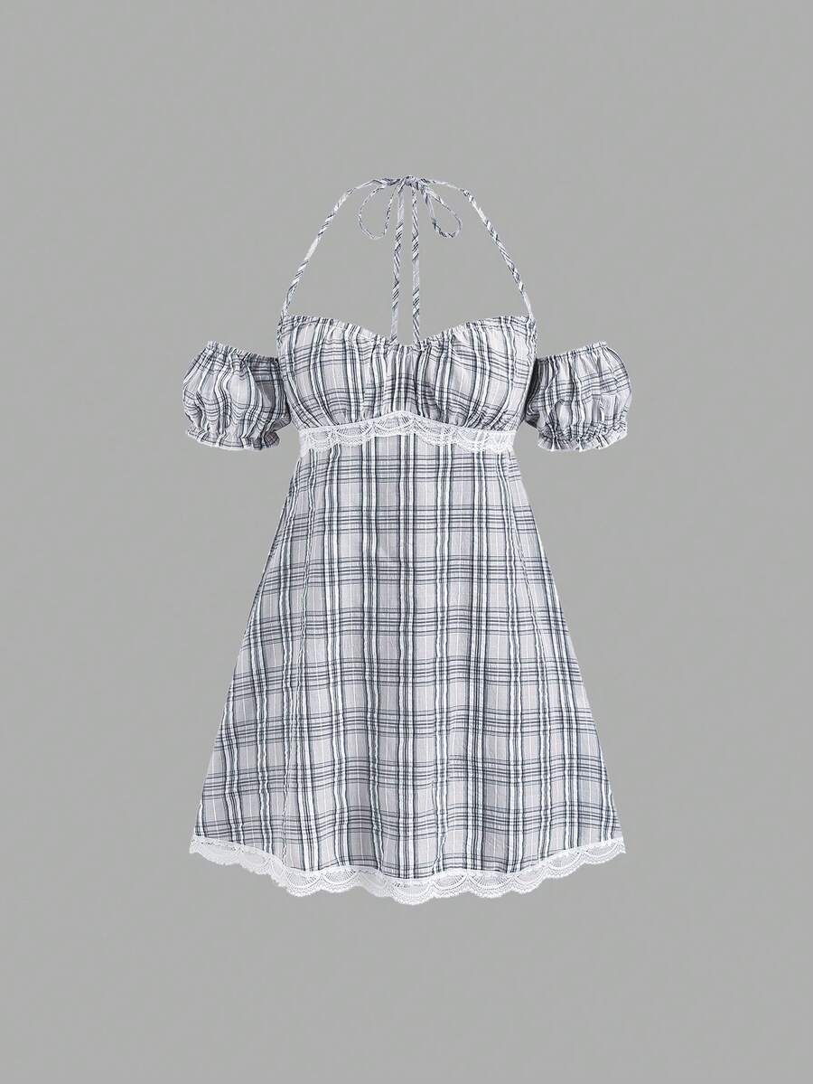Sweetra 甜美女孩格子系列时尚露背泡泡袖修身A字撞色蕾丝夏季百搭连衣裙 - 彩色 - 查看 1