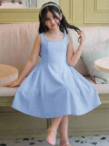 SHEIN Tween Girls' Elegant Beaded U-Neck A-Line Patchwork Dress With Ruffle Hem, Bowknot Back In Light Blue - Baby Blue - View 3