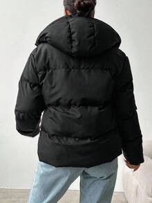 RueChic Zip Up Drawstring Hooded Padded Coat - Black - View 2